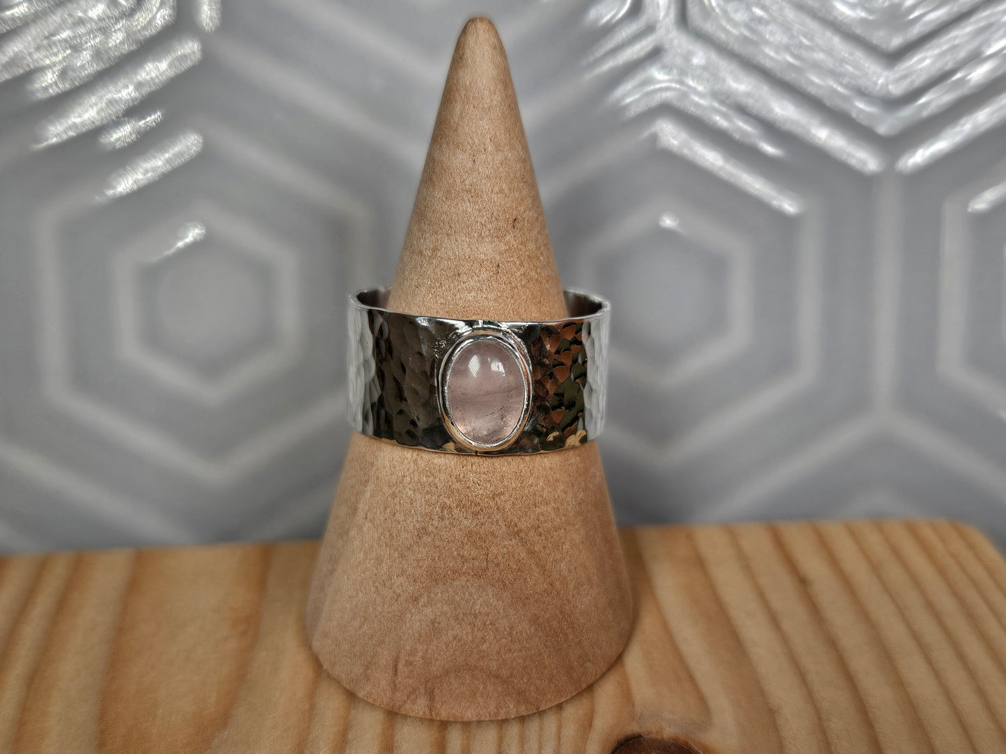 Rose quartz hammered wide ring