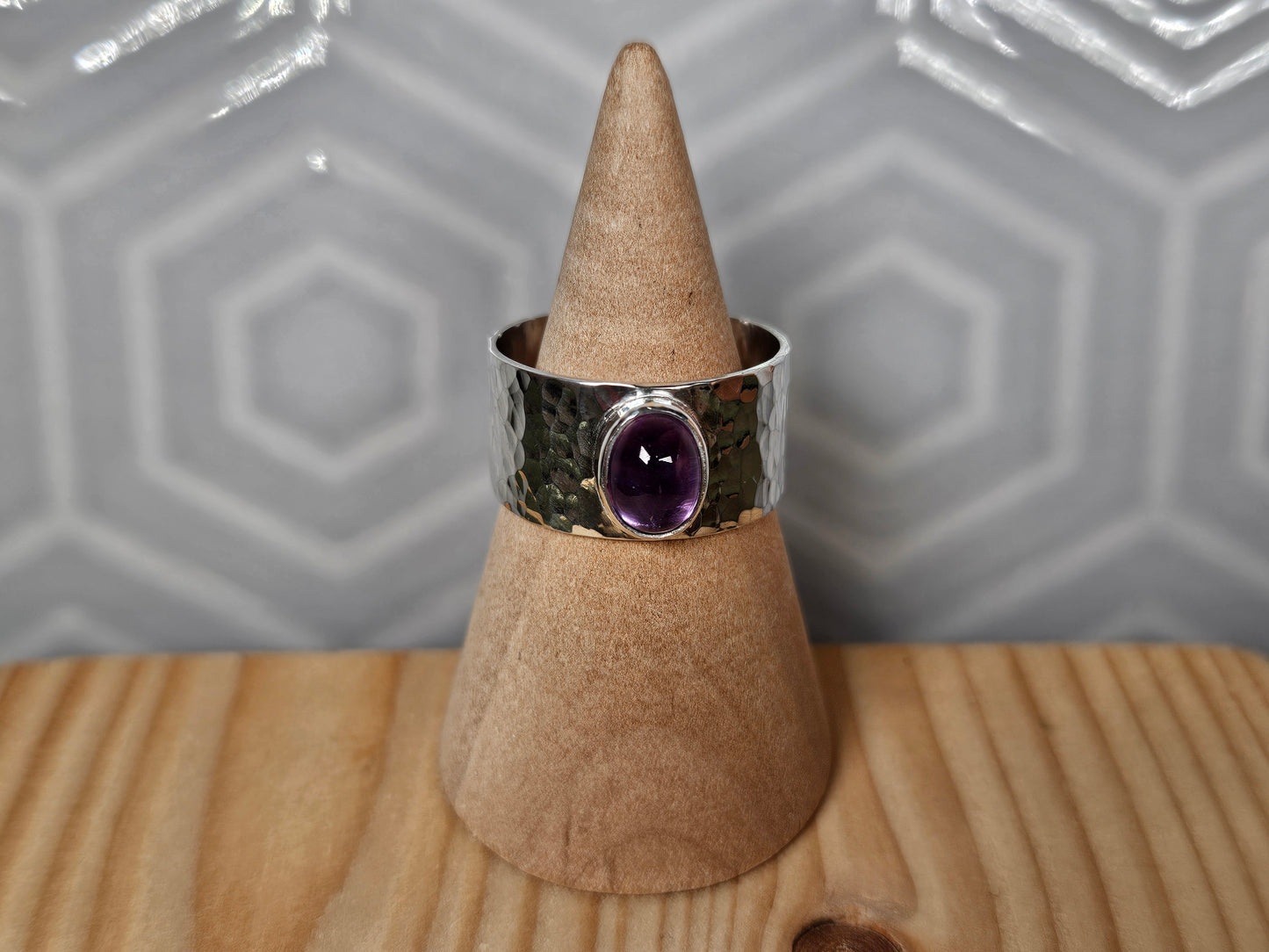 Amethyst hammered wide ring